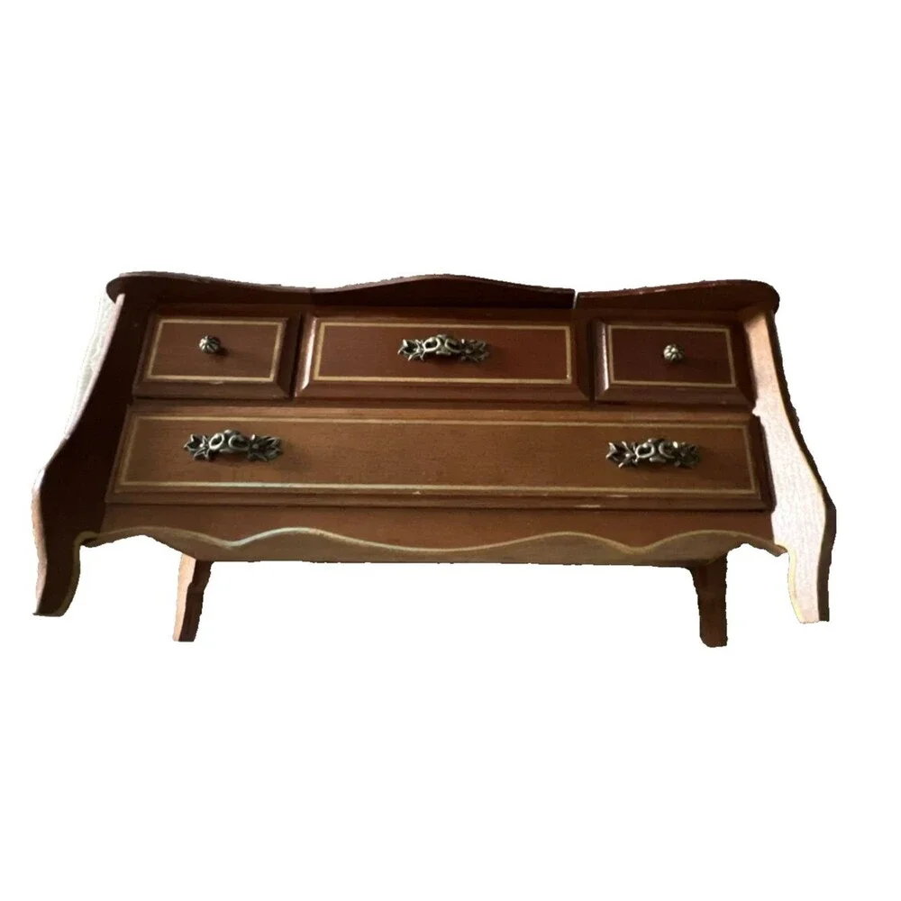 Vintage Mid Century Musical Wooden Jewelry Box, Drawers, Mirror, Velvet Lined